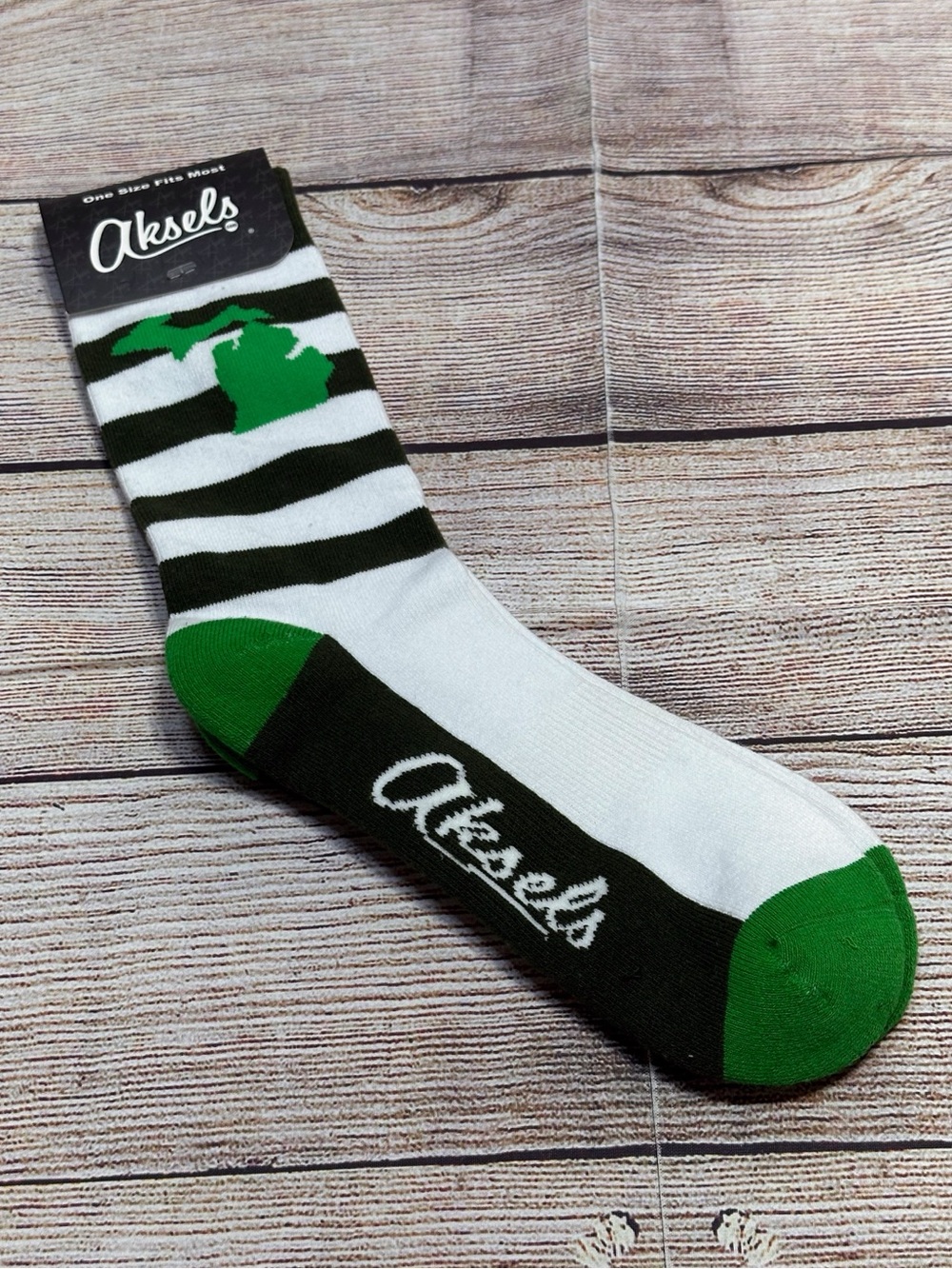 NWT Aksels Michigan Green & White Striped Crew Socks